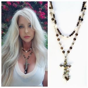 Sterling Silver Multicolor Stone Cross and Topaz Wrap Necklace